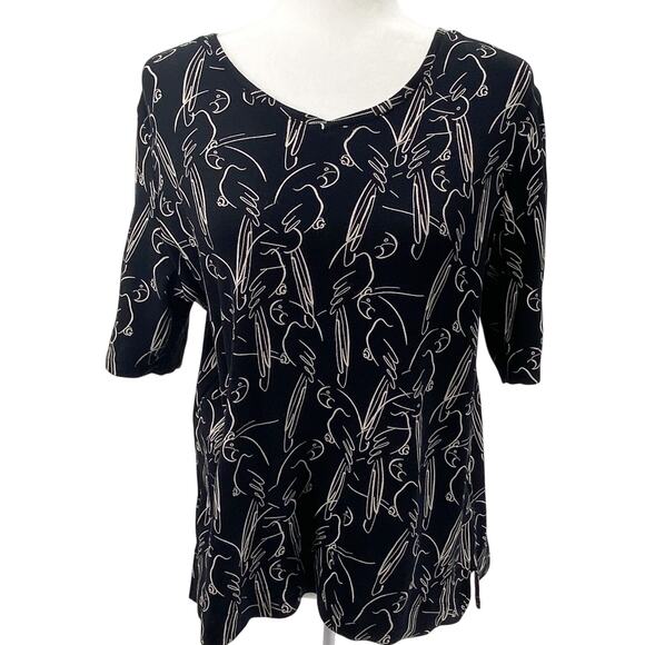 Chico's Tops - Chico’s Size 2 Large Supima Cotton V-Neck Top Black White Parrot Bird Print
